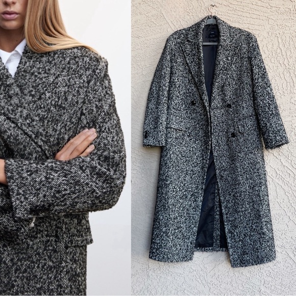 MANGO Black Marbled Textured Full Length Coat Double Breasted Wool Trench Coat S - Picture 4 of 16